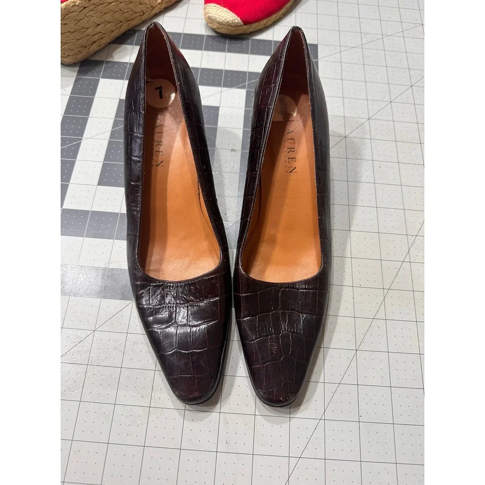 Lauren Ralph Lauren VTGE Pumps Size.7B Brown Croc Embossed Leather Block‎ Heel